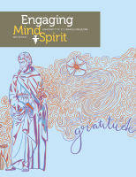 Cover of Engaging Mind & Spirit Magazine, 2023-24 Issue 1, student illustration of St. Joseph statue on campus with theme of 